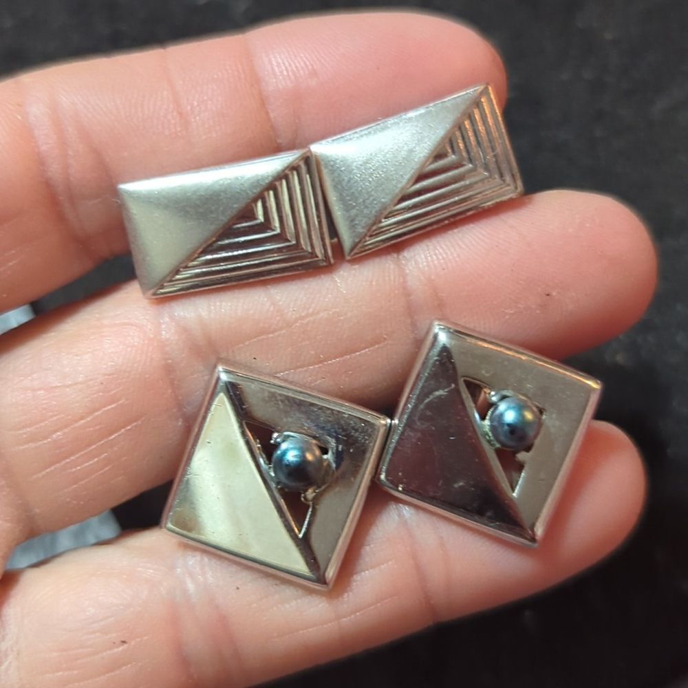 2 pr Vintage Swank faux‎ pearl square Shaped Silver Tone Cuff Links
